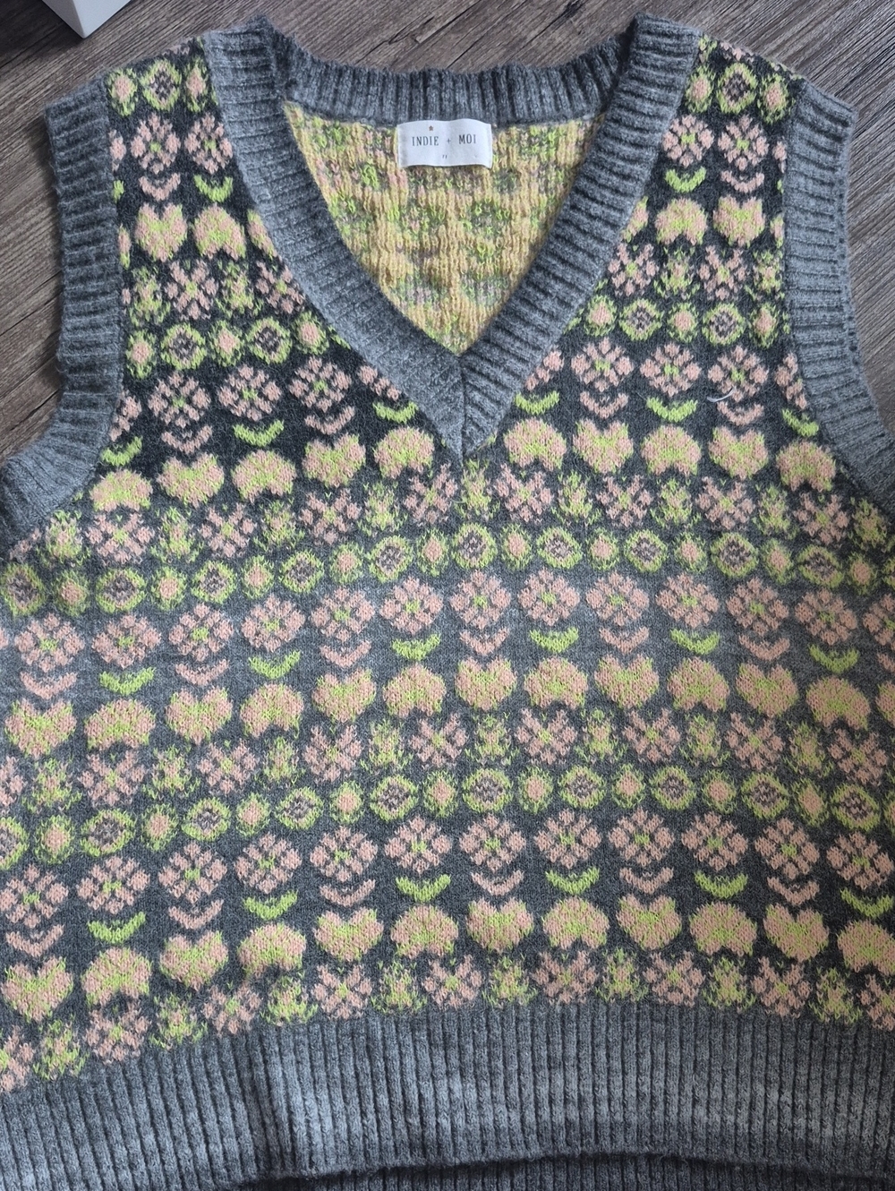 Wool Blend V-Neck Fair Isle Knit Sweater Vest in Gray, Pink & Lime